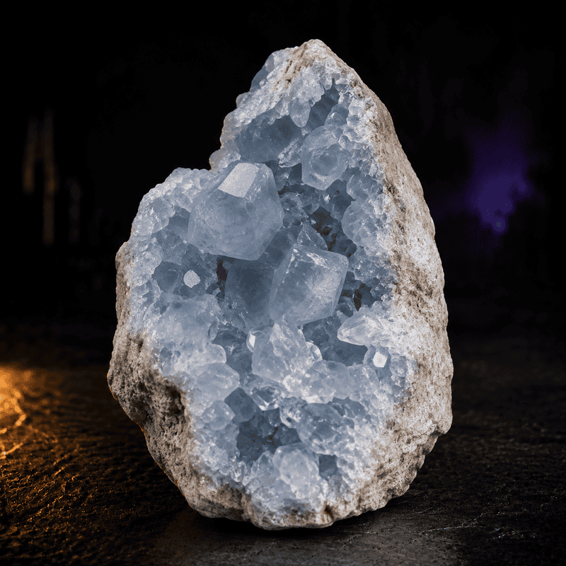 Close-up of a quartz crystal geode with sparkling blue crystals inside.