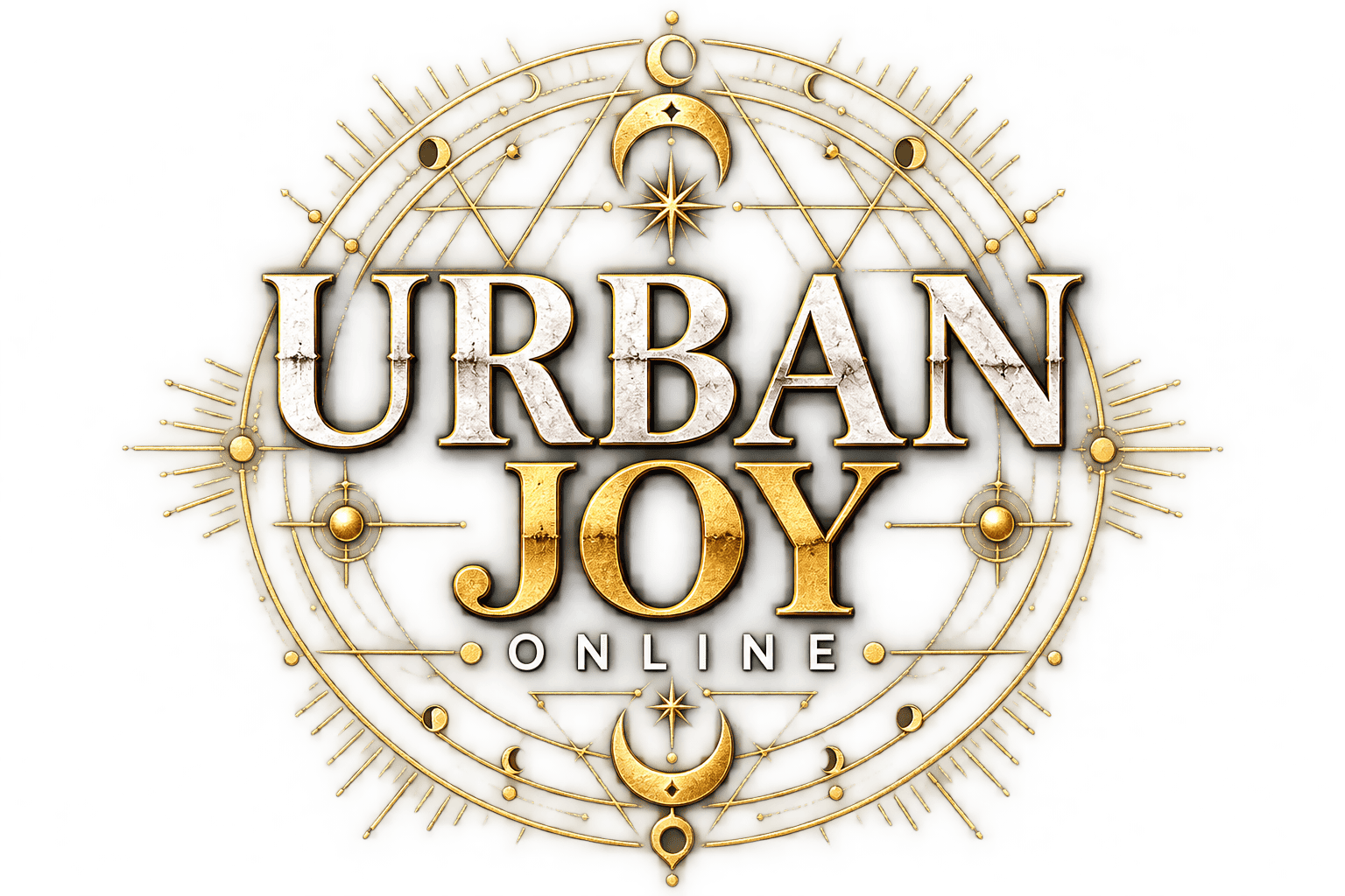 Urban Joy Online logo featuring celestial and astrological elements in gold and black.