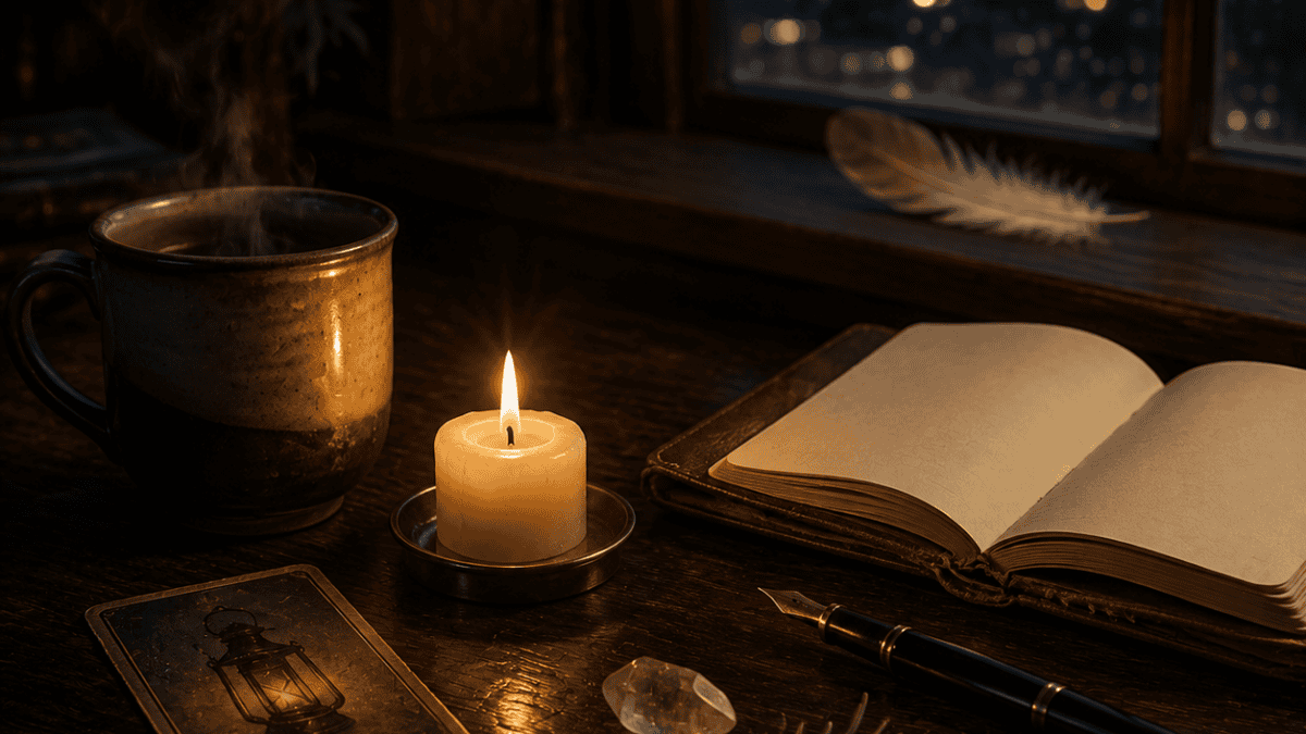 Warm night scene with candle, notebook, and coffee mug by city skyline window.