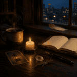 How My Spiritual Guides Changed My Daily Practice 4 Warm night scene with candle, notebook, and coffee mug by city skyline window.
