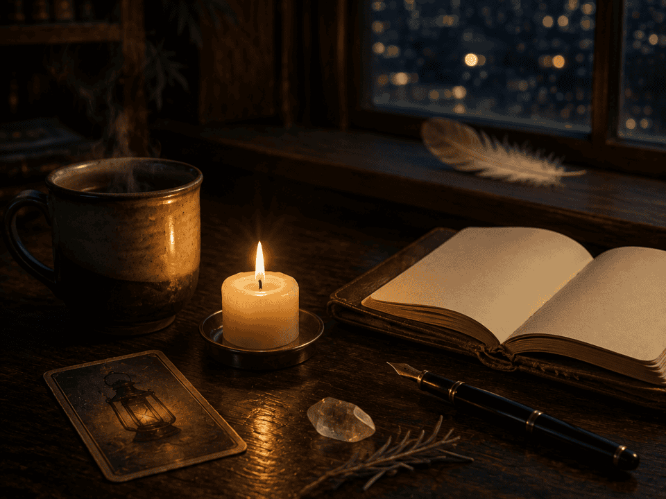 Warm night scene with candle, notebook, and coffee mug by city skyline window.
