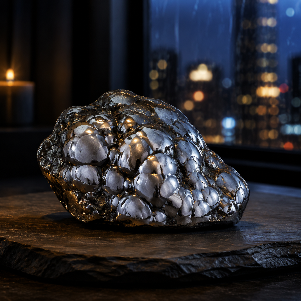 Shiny metallic geode with silver and black hues on wooden table at night.