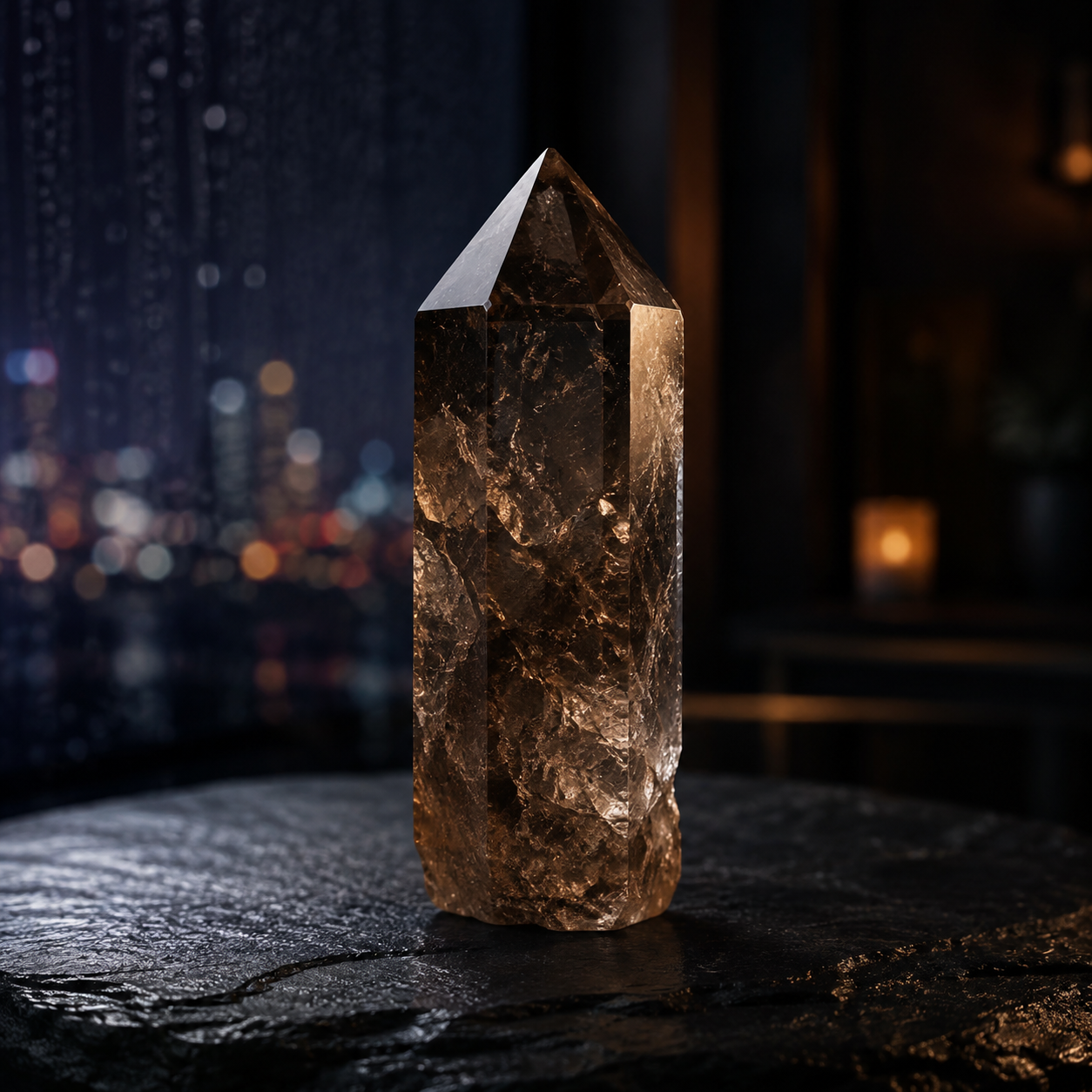 Elegant smoky quartz crystal on dark background with city lights.