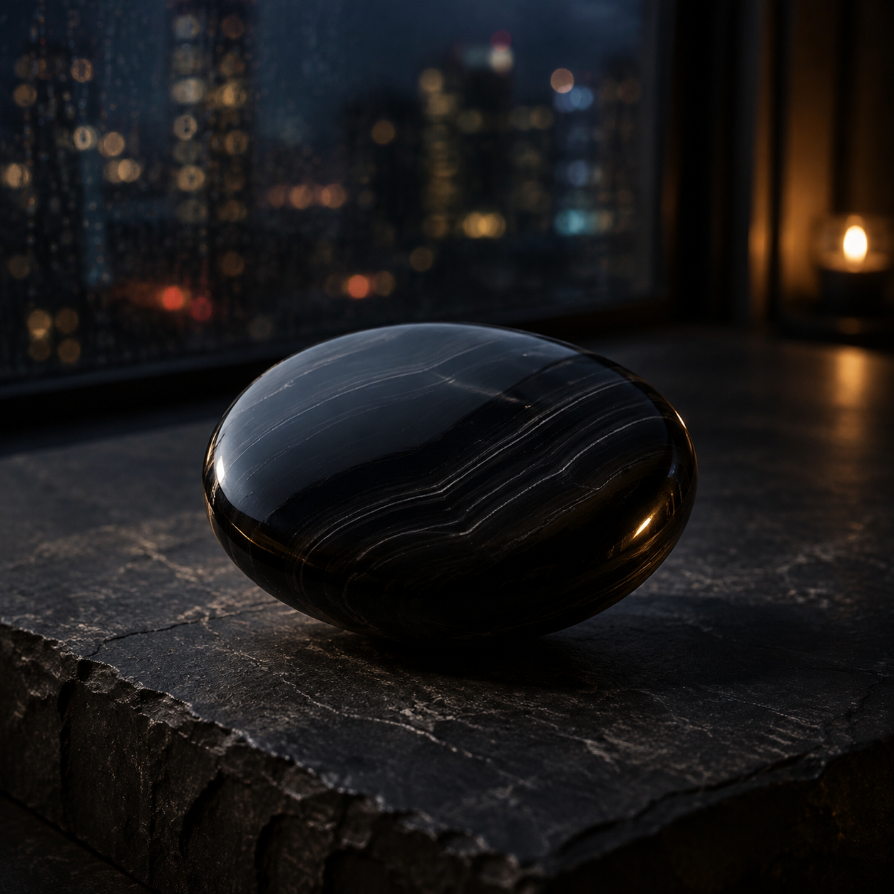 Polished black stone with reflective surface on slate at night.