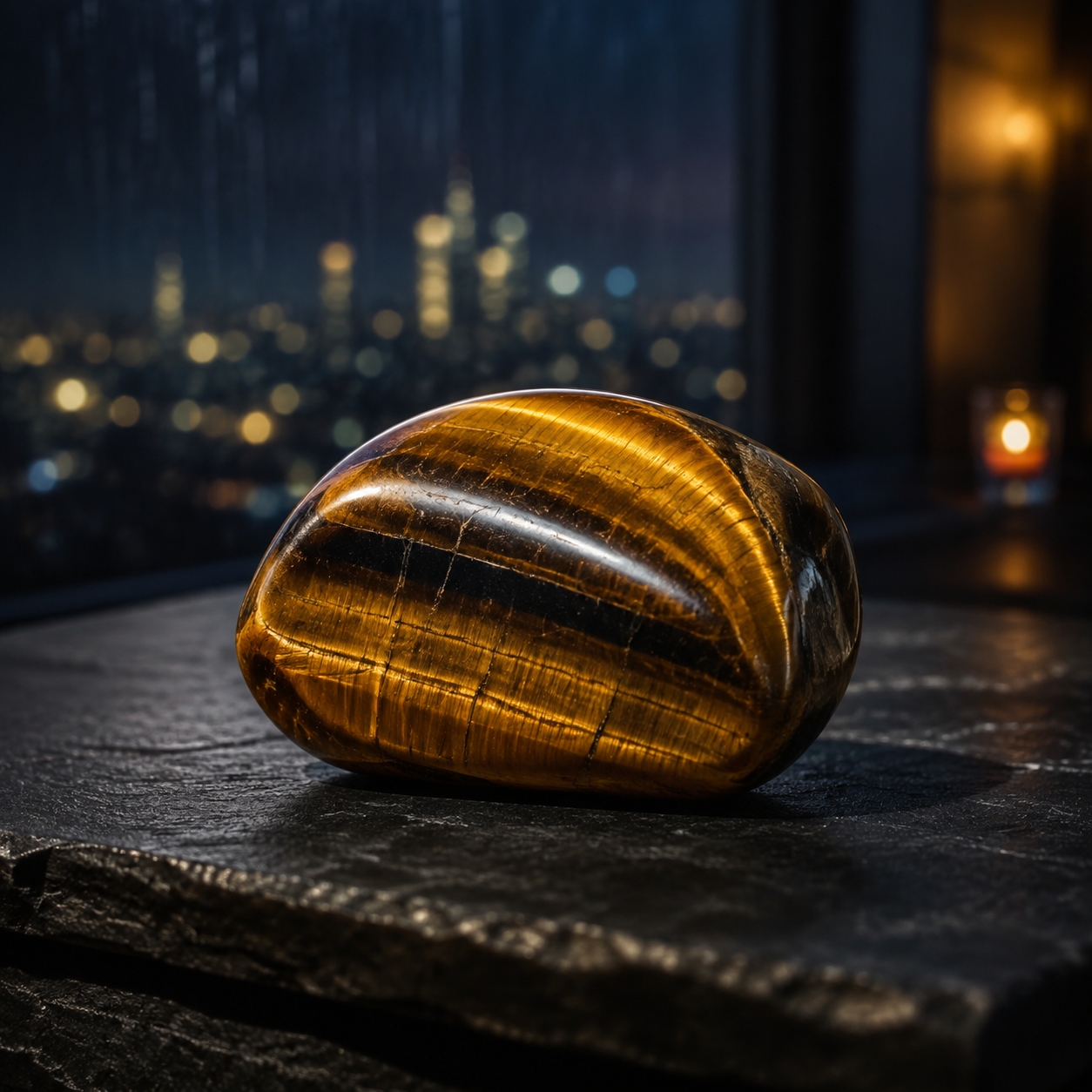 Close-up of a polished tiger's eye gemstone with golden-brown hues and reflective surface.
