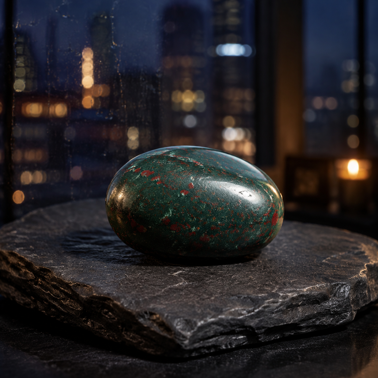 Polished decorative stone on slate with city lights in background.