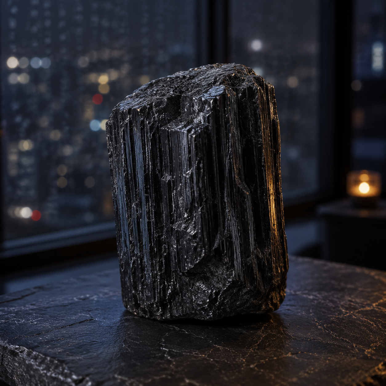 Black tourmaline crystal with striations on dark background for energy protection.