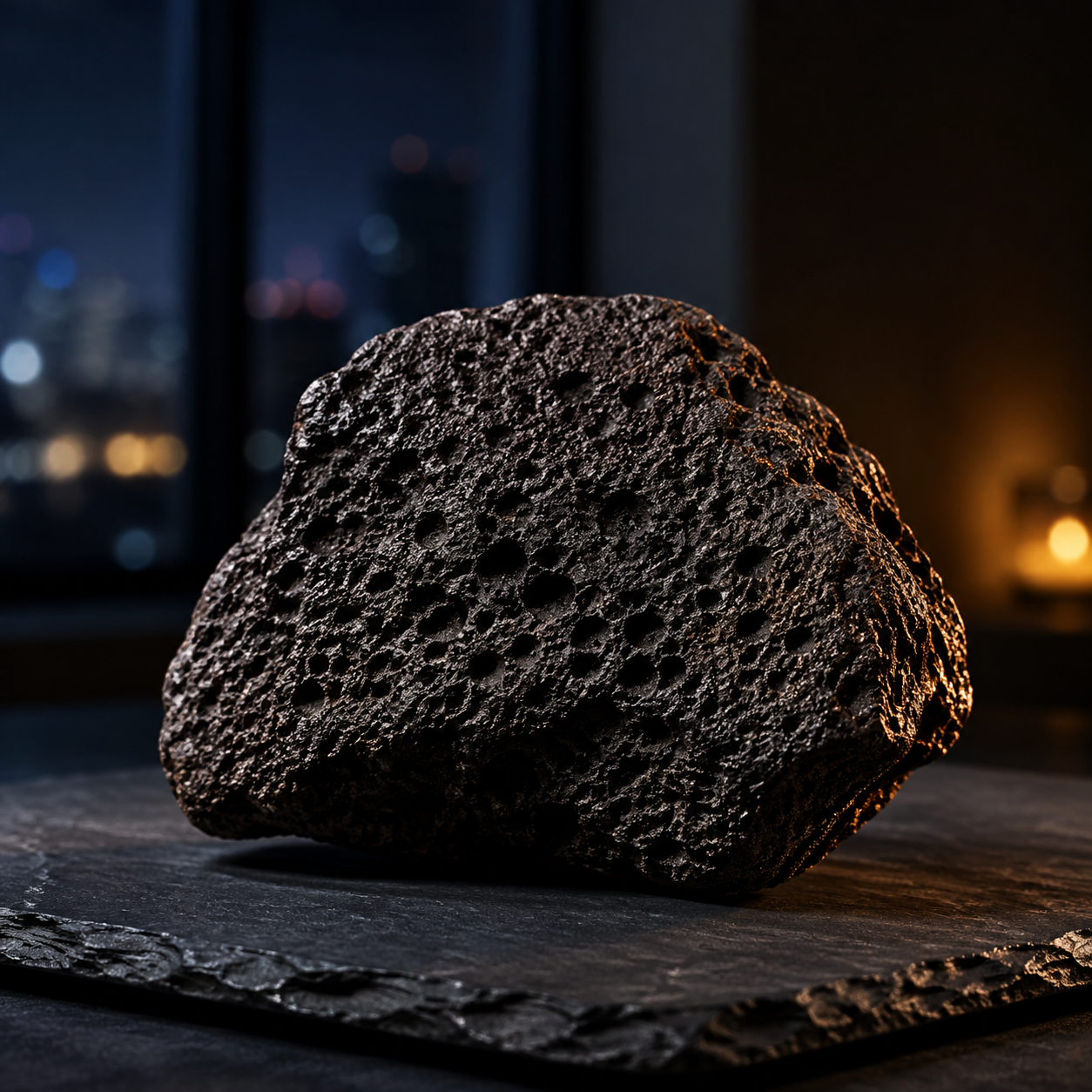 Black volcanic lava rock on a dark surface with city lights in background.