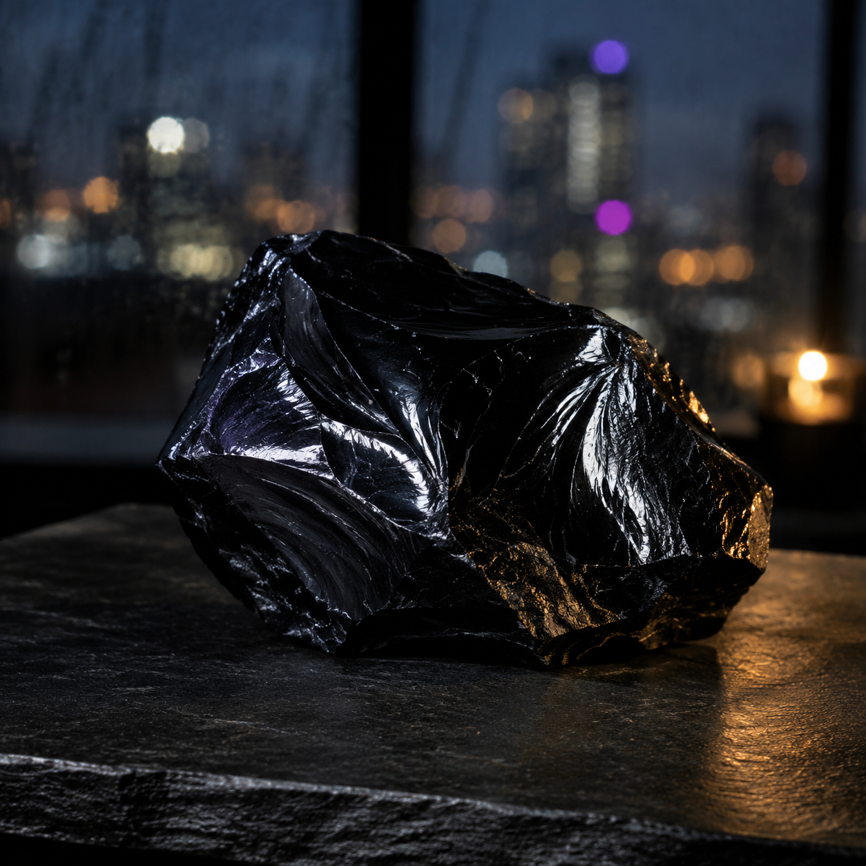 Polished black obsidian stone on dark surface with city lights background.