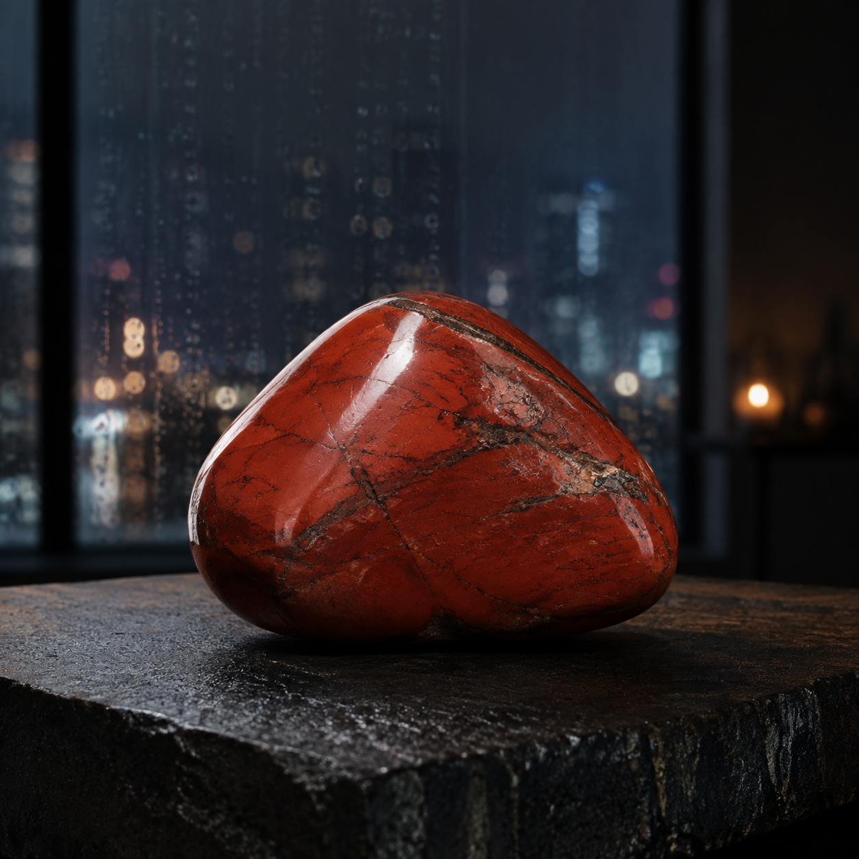 Polished red jasper stone with natural patterns on dark background.