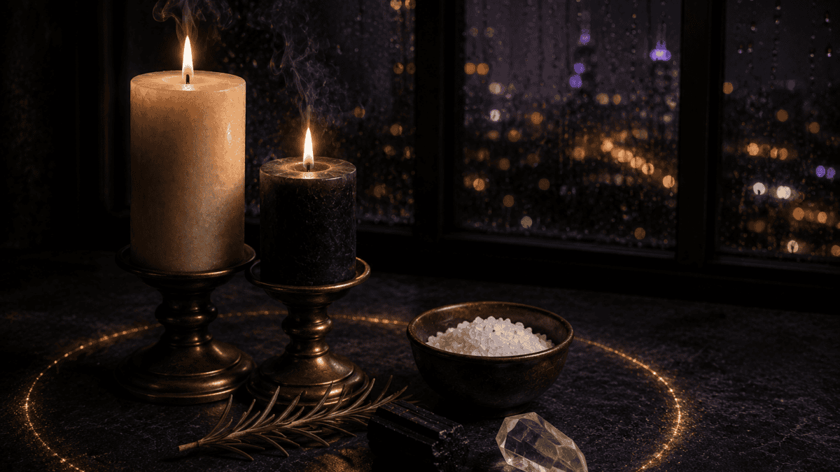 Simple candle spell for home protection setup with white and black candles, sea salt, and rosemary.