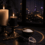 Simple candle spell for home protection setup with white and black candles, sea salt, and rosemary.