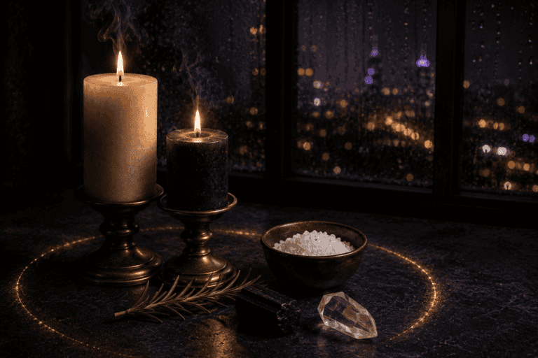 Simple candle spell for home protection setup with white and black candles, sea salt, and rosemary.