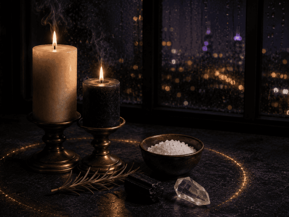 Simple candle spell for home protection setup with white and black candles, sea salt, and rosemary.