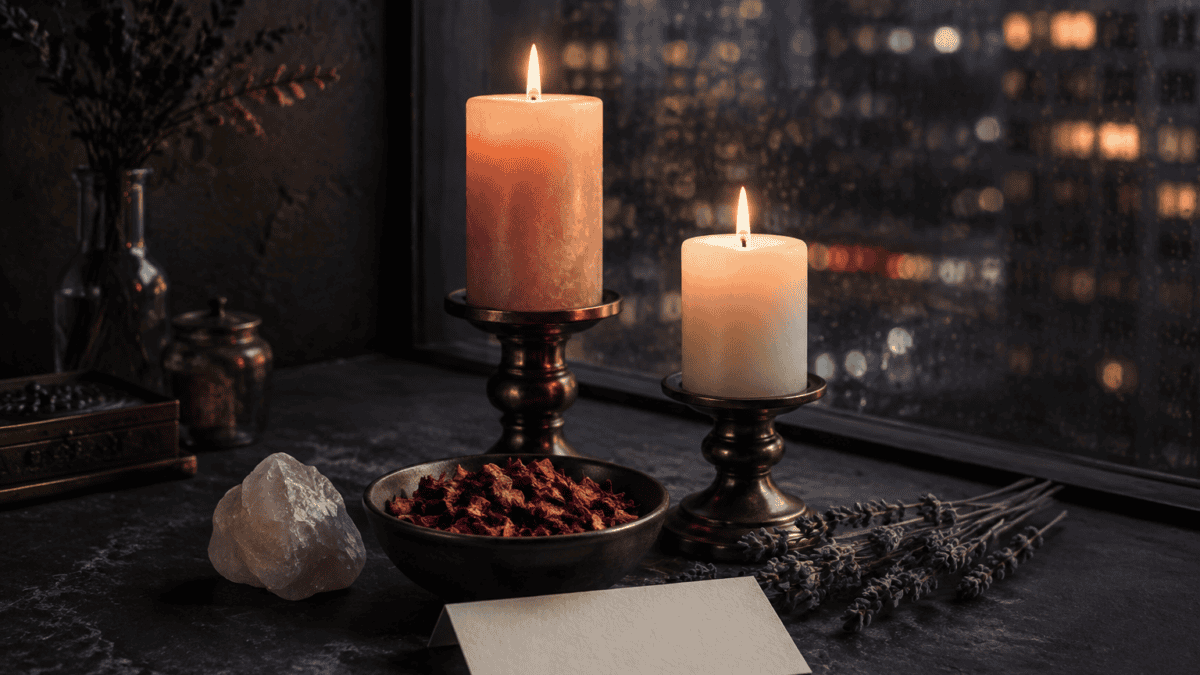 Two lit candles on a windowsill with city lights in the background.
