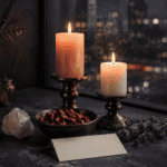 Two lit candles on a windowsill with city lights in the background.