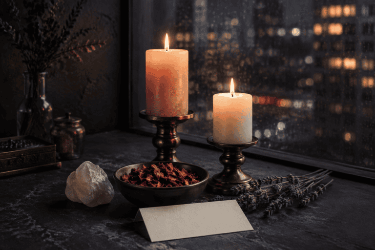Rose Candle Ritual for Self-Love 9 Two lit candles on a windowsill with city lights in the background.