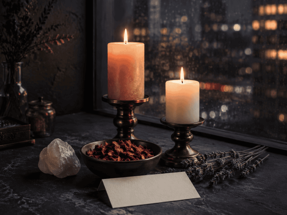 Two lit candles on a windowsill with city lights in the background.