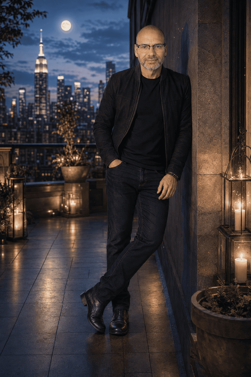 Man standing on rooftop balcony with New York City skyline at night.