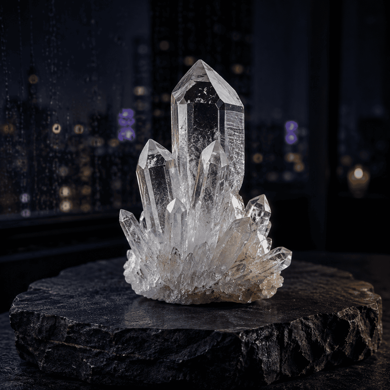 Beautiful clear quartz crystal cluster on black surface at night.