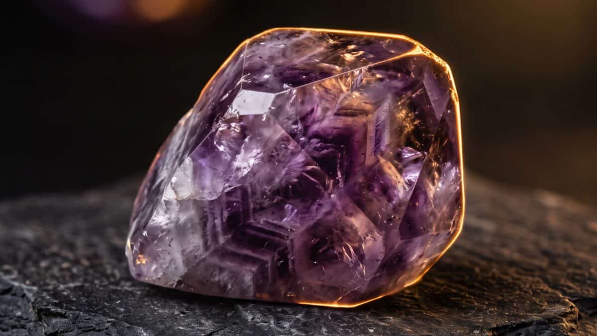 Crystal healing rituals amethyst stone on black slate with warm, calming light.