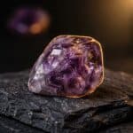 Crystal Healing Rituals: How Amethyst and Rose Quartz Taught Me to Breathe 4 Crystal healing rituals amethyst stone on black slate with warm, calming light.