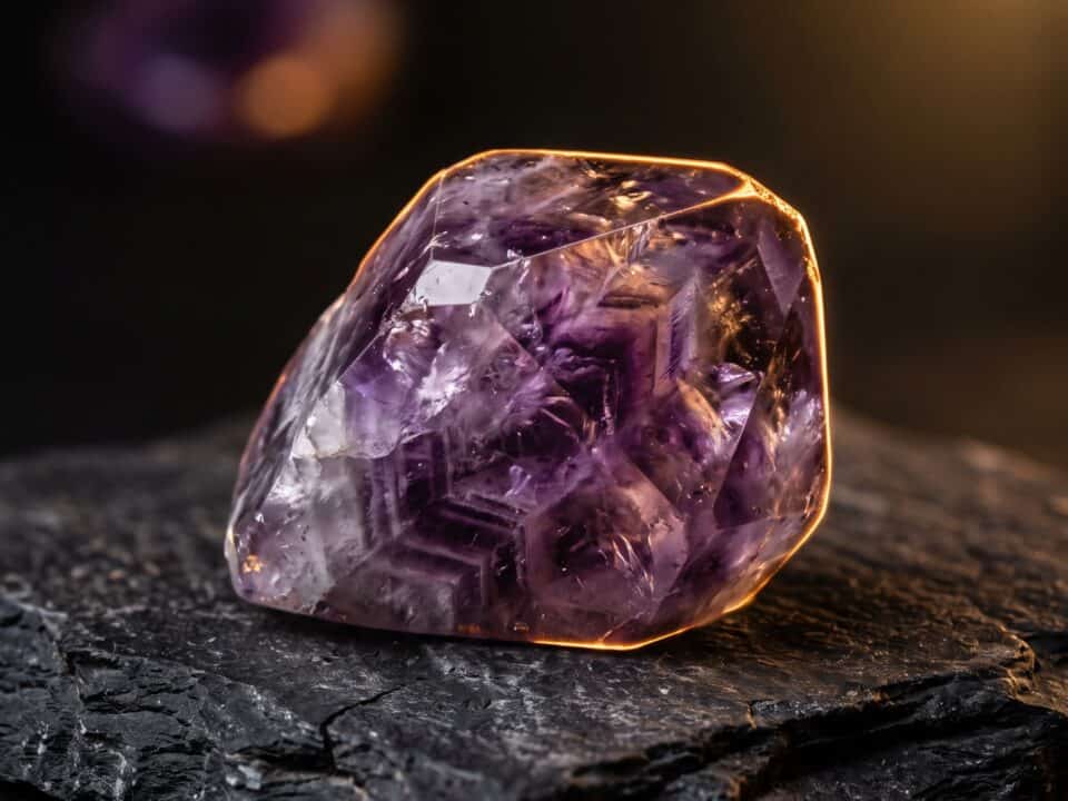 Crystal healing rituals amethyst stone on black slate with warm, calming light.