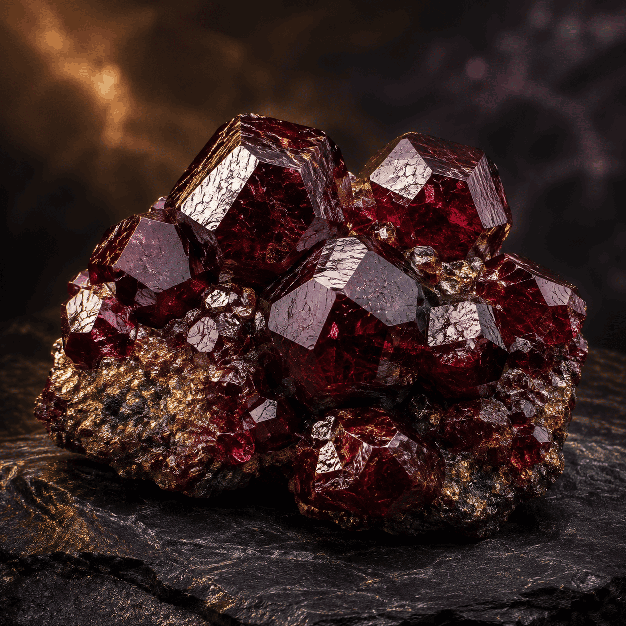 Vivid garnet crystal cluster with deep red hues on dark background.