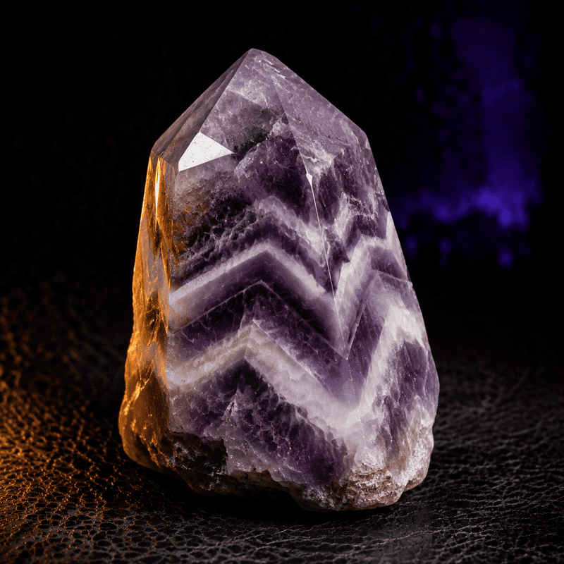 Purple amethyst crystal with white banding on black background.