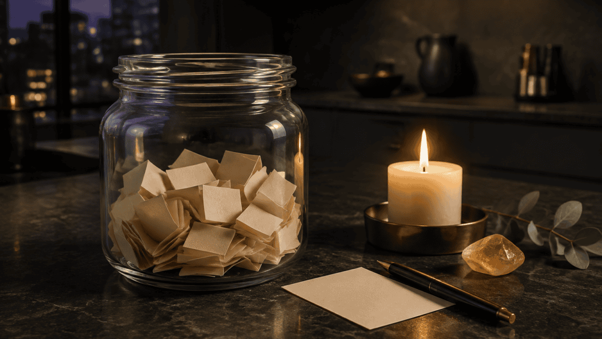 Gratitude jar ritual glass jar of folded paper slips beside a lit candle at dusk