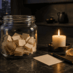 A Gratitude Jar Ritual for Attracting Abundance 4 Gratitude jar ritual glass jar of folded paper slips beside a lit candle at dusk