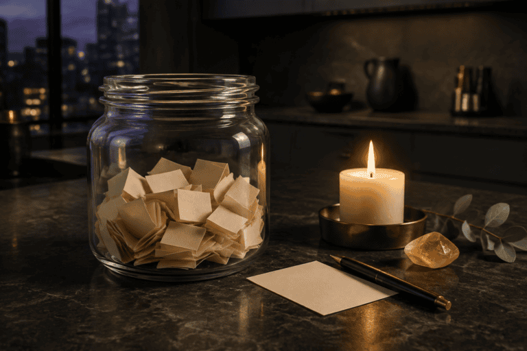 A Gratitude Jar Ritual for Attracting Abundance 3 Gratitude jar ritual glass jar of folded paper slips beside a lit candle at dusk