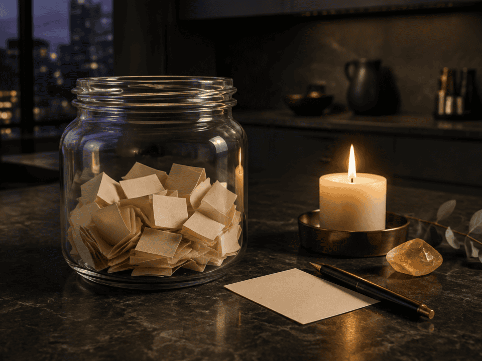 Gratitude jar ritual glass jar of folded paper slips beside a lit candle at dusk