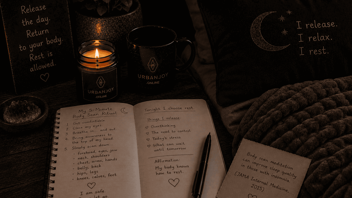 Body scan ritual for sleep softly lit bed with a weighted blanket and dim lamp