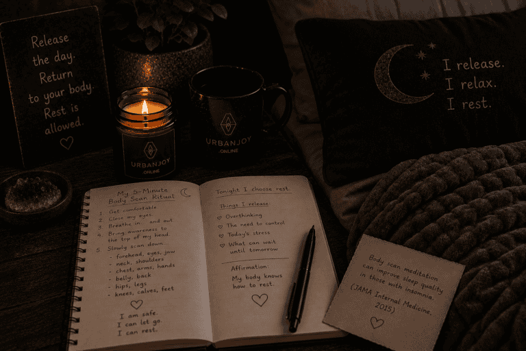 A Five-Minute Body Scan Ritual for Falling Asleep Peacefully 1 Body scan ritual for sleep softly lit bed with a weighted blanket and dim lamp
