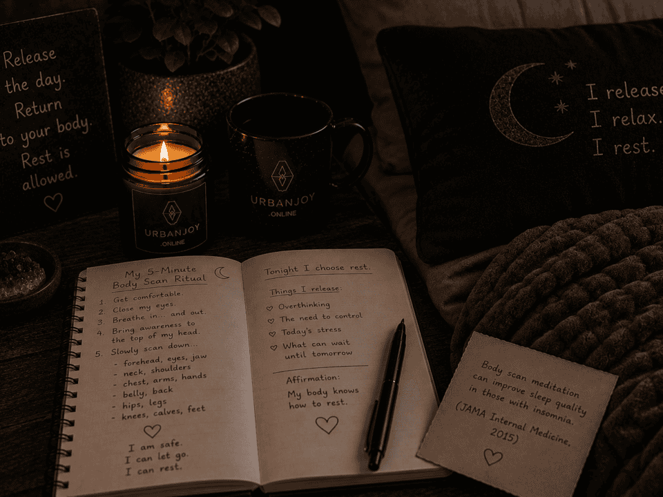 A Five-Minute Body Scan Ritual for Falling Asleep Peacefully 8 Body scan ritual for sleep softly lit bed with a weighted blanket and dim lamp