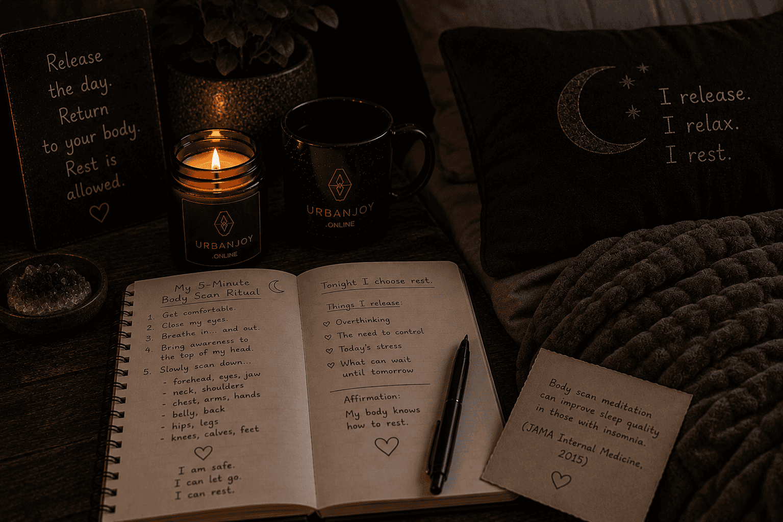Body scan ritual for sleep softly lit bed with a weighted blanket and dim lamp