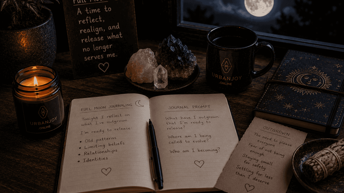 Full Moon Journaling Ritual for Reflecting on What I've Outgrown 6 Full moon journaling ritual open journal with a candle and full moon through a window