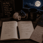Full Moon Journaling Ritual for Reflecting on What I've Outgrown 4 Full moon journaling ritual open journal with a candle and full moon through a window