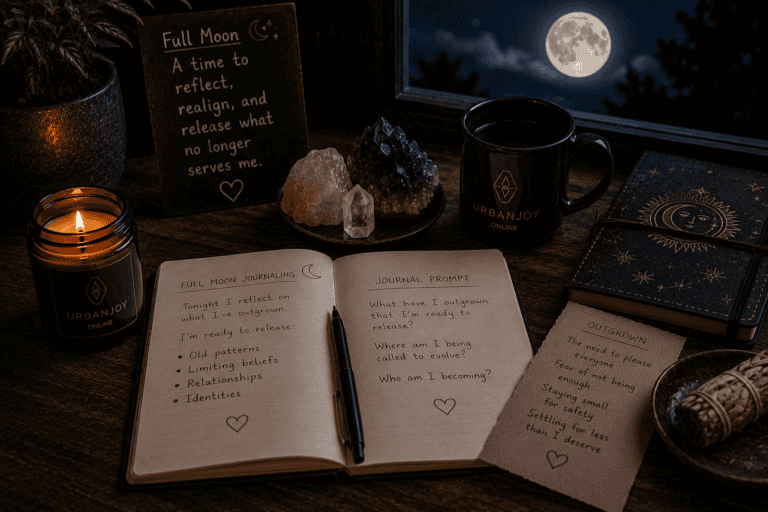 Full moon journaling ritual open journal with a candle and full moon through a window
