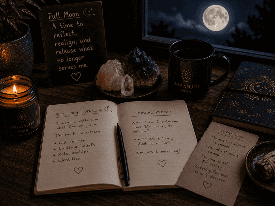 Full moon journaling ritual open journal with a candle and full moon through a window