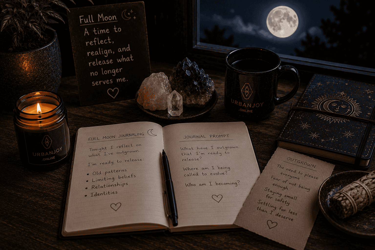 Full Moon Journaling Ritual for Reflecting on What I've Outgrown 7 Full moon journaling ritual open journal with a candle and full moon through a window