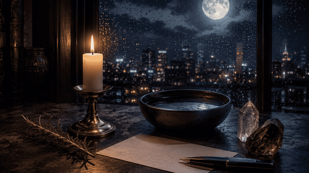 Candlelit scene with a bowl, crystals, and city skyline at night.