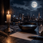 Full Moon Release Ritual for Letting Go 4 Candlelit scene with a bowl, crystals, and city skyline at night.