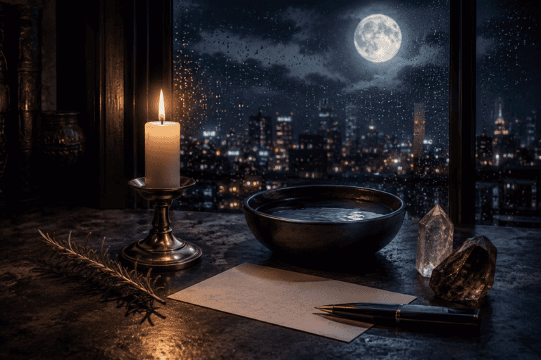 Candlelit scene with a bowl, crystals, and city skyline at night.