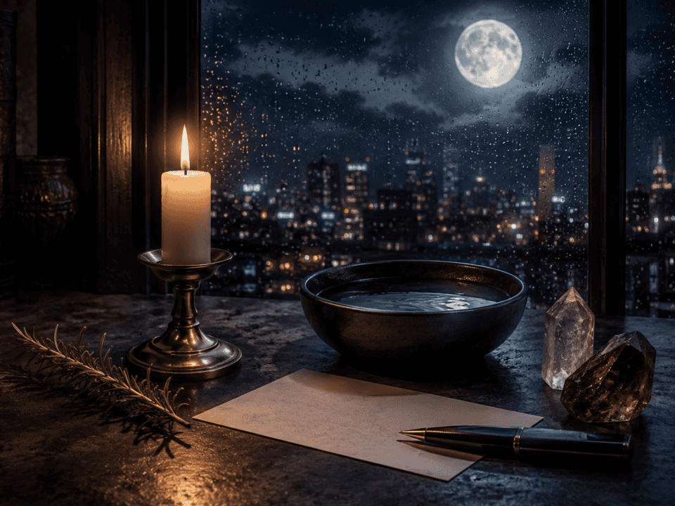 Candlelit scene with a bowl, crystals, and city skyline at night.