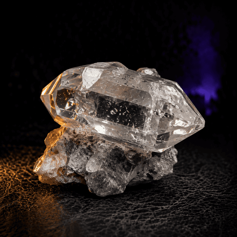 Close-up of a clear quartz crystal on a dark background with subtle lighting.
