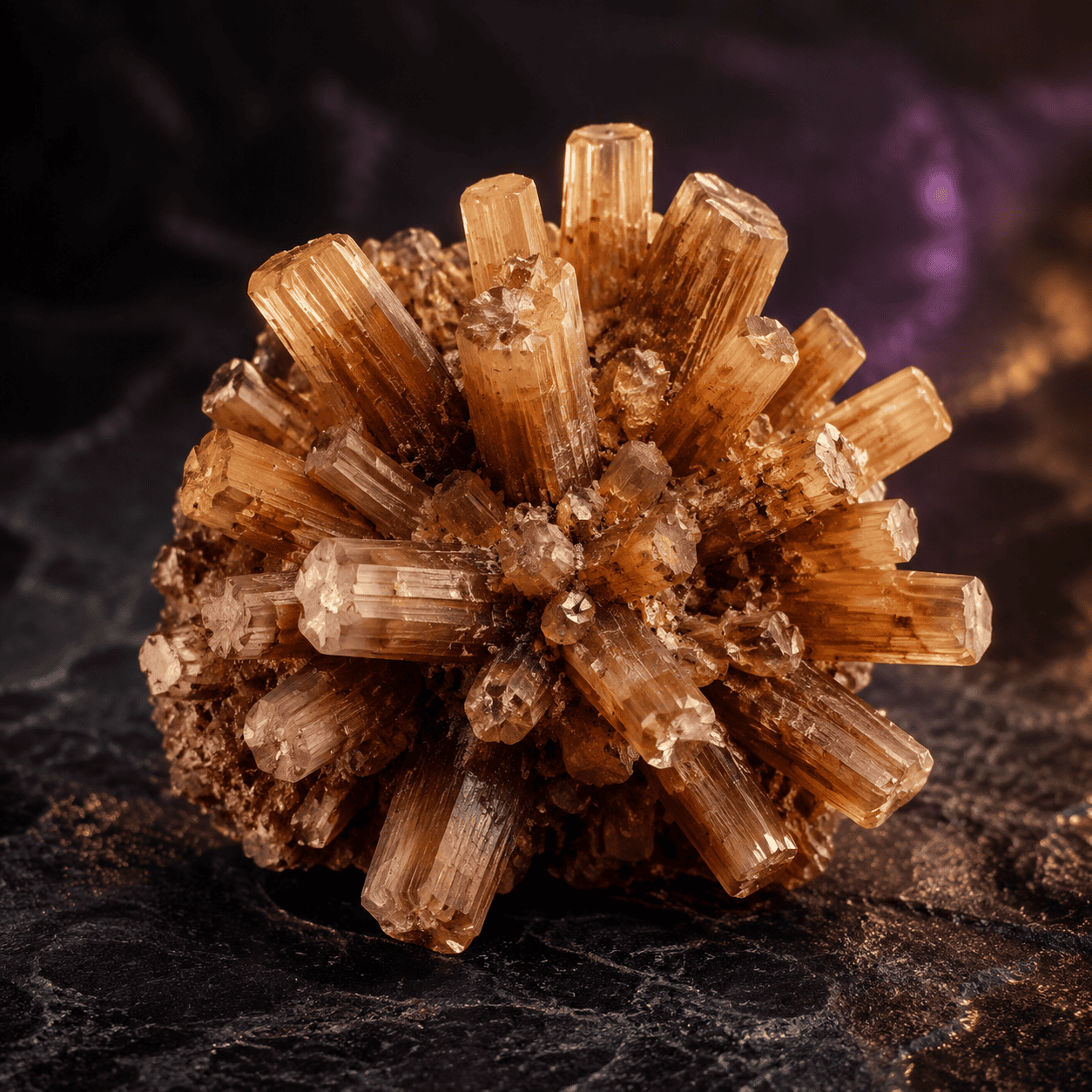 Close-up of a brown crystal mineral with elongated crystals and detailed textures.