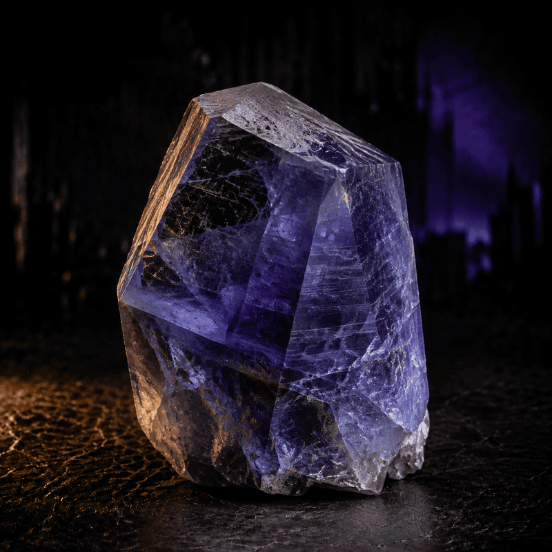 Close-up of a luminous purple amethyst crystal on black background.