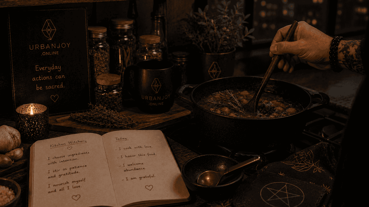 Kitchen witchery wooden counter with fresh herbs and a simmering pot